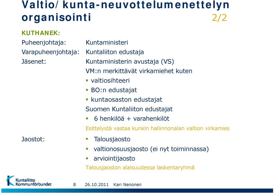 kuntaosaston edustajat Suomen Kuntaliiton edustajat 6 henkilöä + varahenkilöt Esittelystä vastaa kunkin hallinnonalan