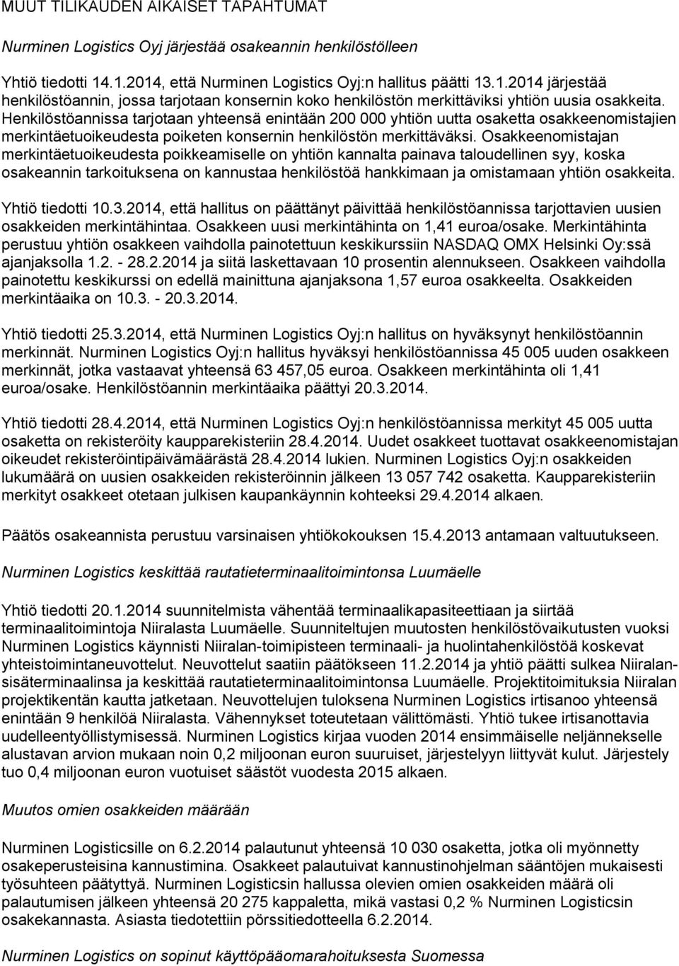 Henkilöstöannissa tarjotaan yhteensä enintään 200 000 yhtiön uutta osaketta osakkeenomistajien merkintäetuoikeudesta poiketen konsernin henkilöstön merkittäväksi.