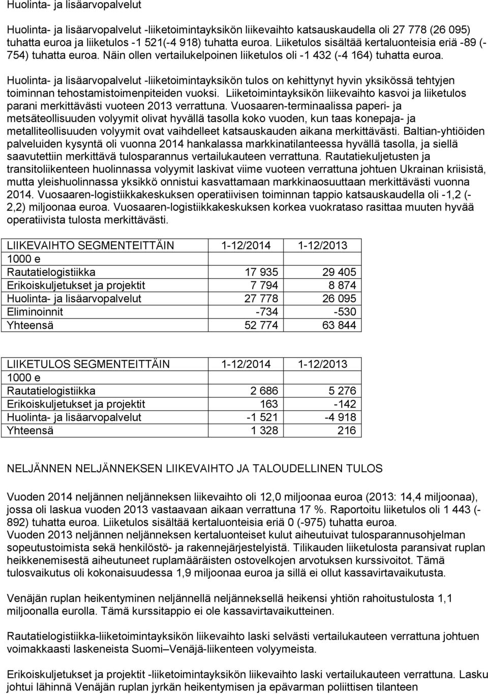 Huolinta- ja lisäarvopalvelut -liiketoimintayksikön tulos on kehittynyt hyvin yksikössä tehtyjen toiminnan tehostamistoimenpiteiden vuoksi.