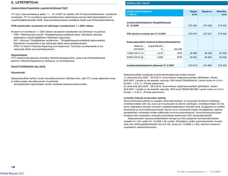 -standardien muutosten tai tulkintojen soveltaminen 1.1.2007 alkaen Konserni on soveltanut 1.1.2007 alkaen seuraavien standardien tai tulkintojen muutoksia: 7 Rahoitusinstrumentit: Tilinpäätöksessä esitettävät tiedot.