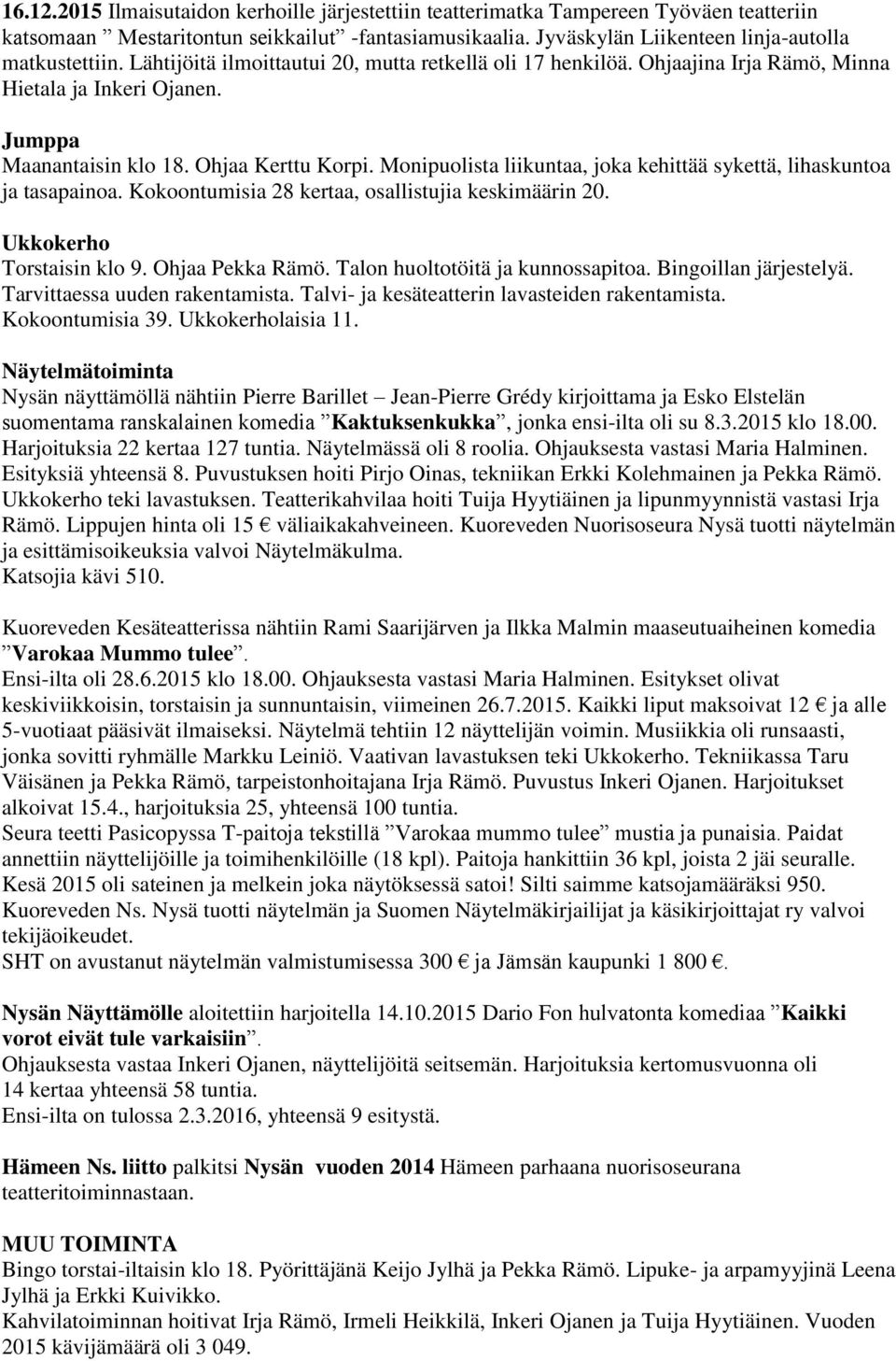 Monipuolista liikuntaa, joka kehittää sykettä, lihaskuntoa ja tasapainoa. Kokoontumisia 28 kertaa, osallistujia keskimäärin 20. Ukkokerho Torstaisin klo 9. Ohjaa Pekka Rämö.