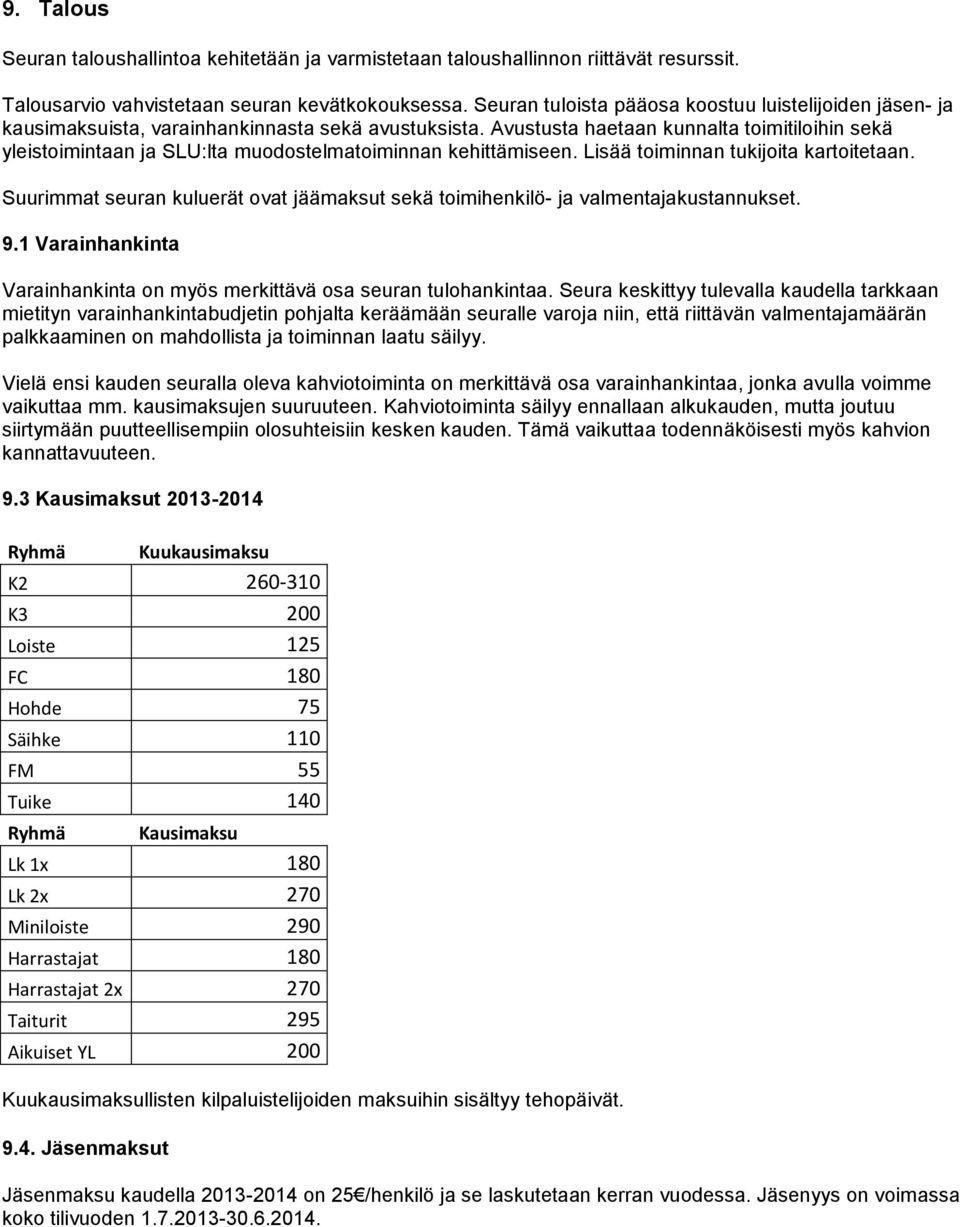 Avustusta haetaan kunnalta toimitiloihin sekä yleistoimintaan ja SLU:lta muodostelmatoiminnan kehittämiseen. Lisää toiminnan tukijoita kartoitetaan.