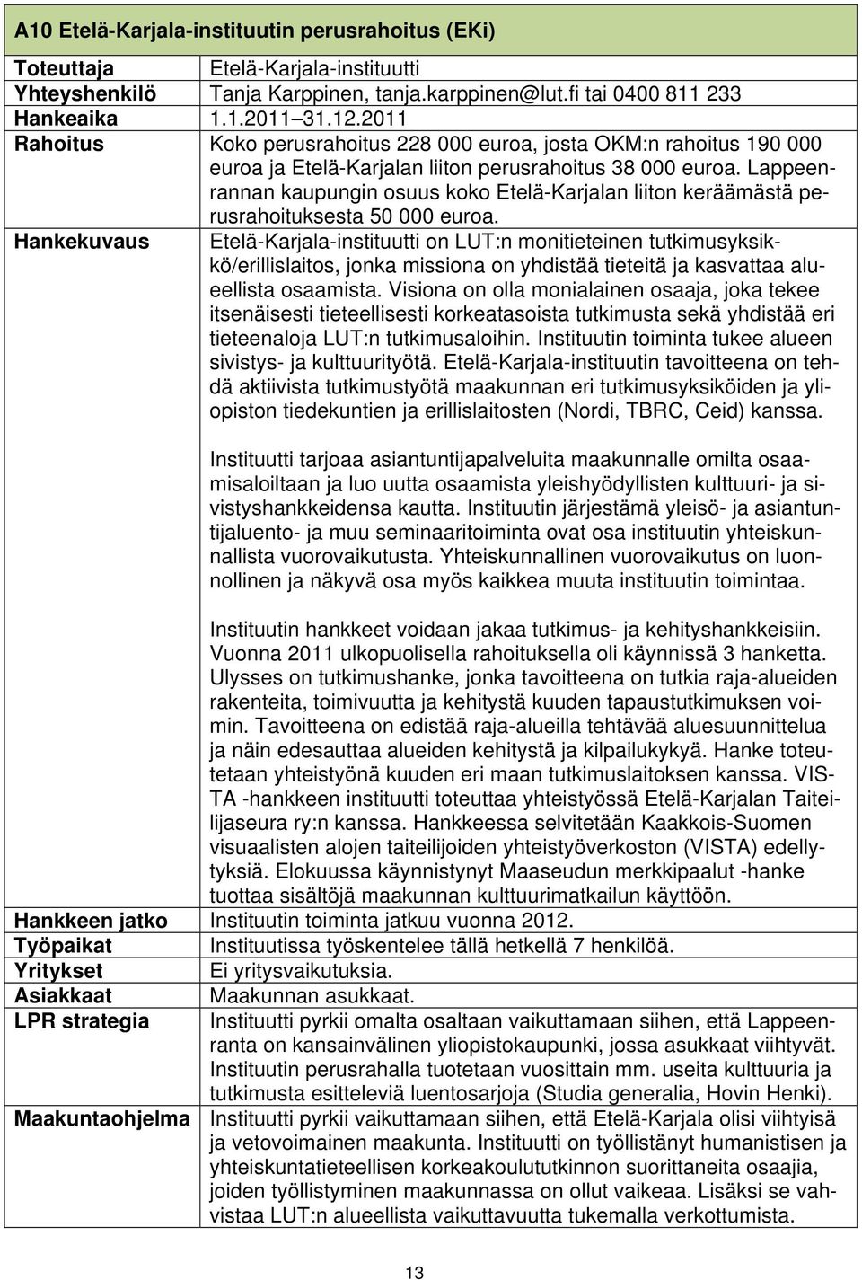 Lappeenrannan kaupungin osuus koko Etelä-Karjalan liiton keräämästä perusrahoituksesta 50 000 euroa.
