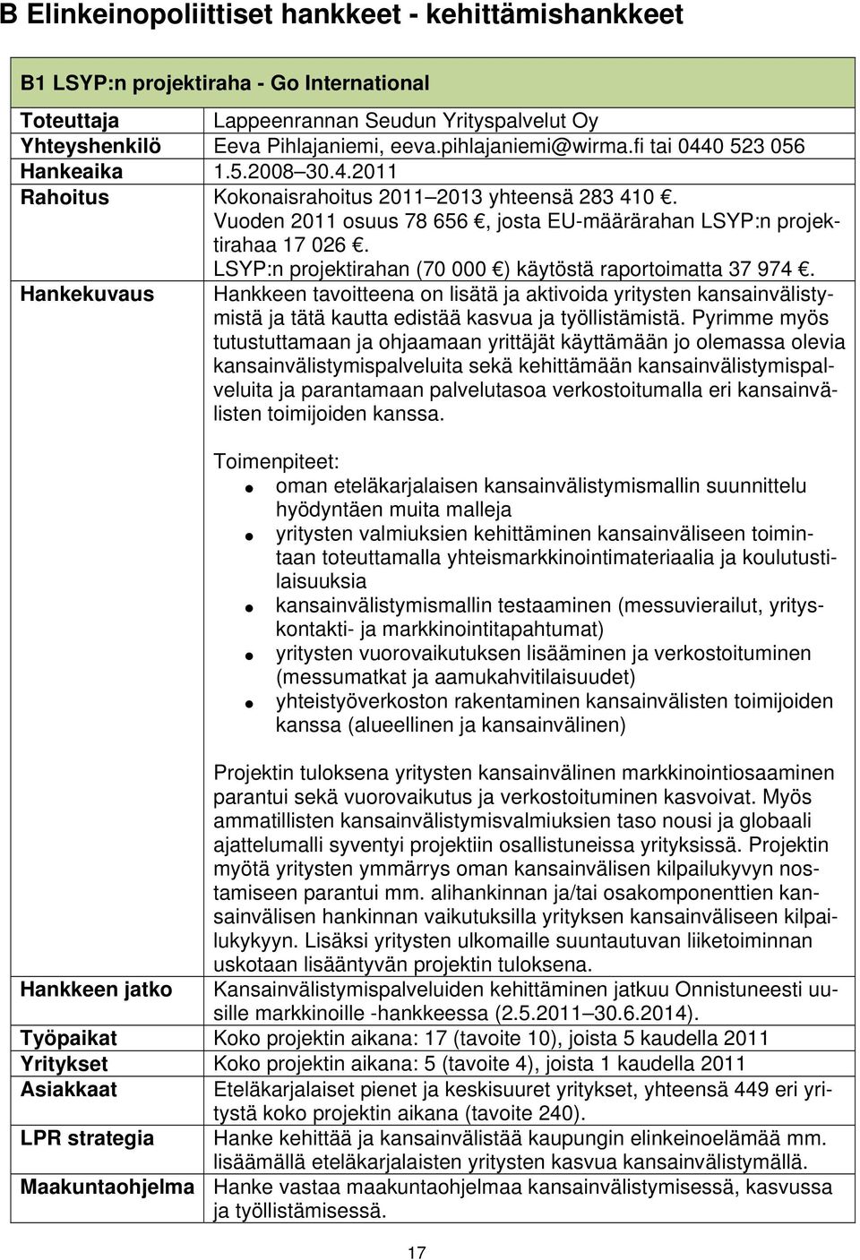 LSYP:n projektirahan (70 000 ) käytöstä raportoimatta 37 974. Hankekuvaus Hankkeen tavoitteena on lisätä ja aktivoida yritysten kansainvälistymistä ja tätä kautta edistää kasvua ja työllistämistä.