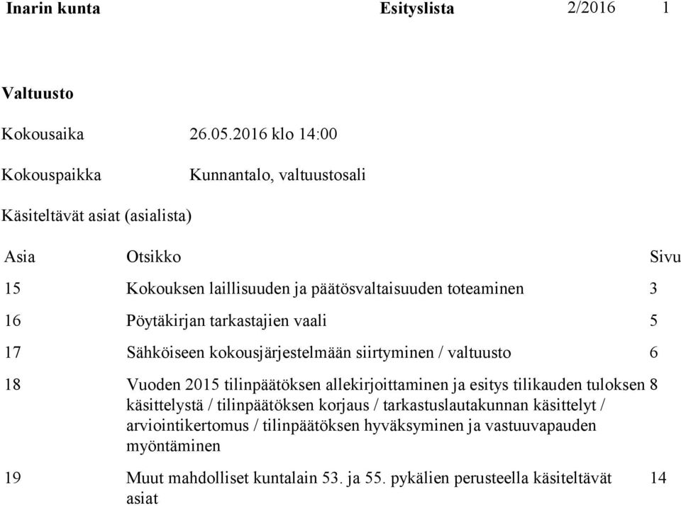 toteaminen 3 16 Pöytäkirjan tarkastajien vaali 5 17 Sähköiseen kokousjärjestelmään siirtyminen / valtuusto 6 18 Vuoden 2015 tilinpäätöksen allekirjoittaminen