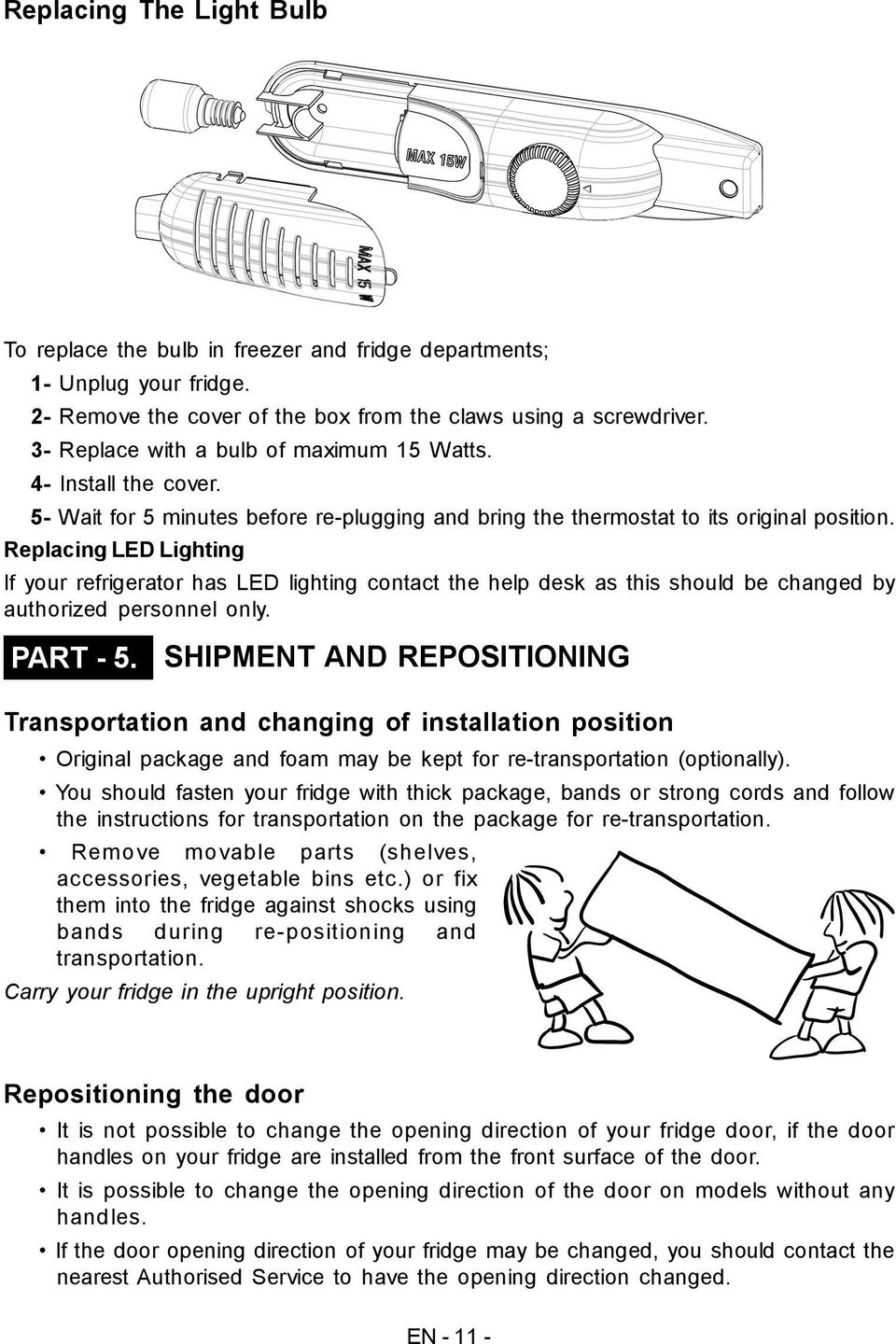 Replacing LED Lighting If your refrigerator has LED lighting contact the help desk as this should be changed by authorized personnel only. PART - 5.