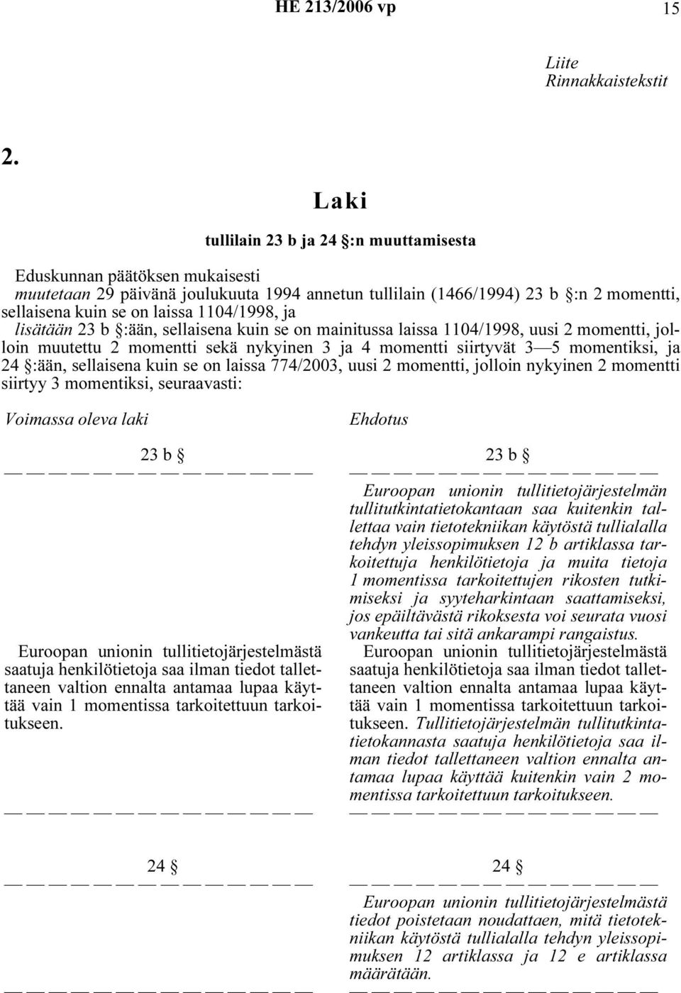 1104/1998, ja lisätään 23 b :ään, sellaisena kuin se on mainitussa laissa 1104/1998, uusi 2 momentti, jolloin muutettu 2 momentti sekä nykyinen 3 ja 4 momentti siirtyvät 3 5 momentiksi, ja 24 :ään,