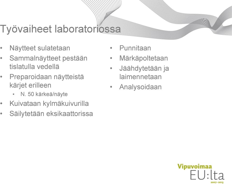 N. 50 kärkeä/näyte Kuivataan kylmäkuivurilla Säilytetään