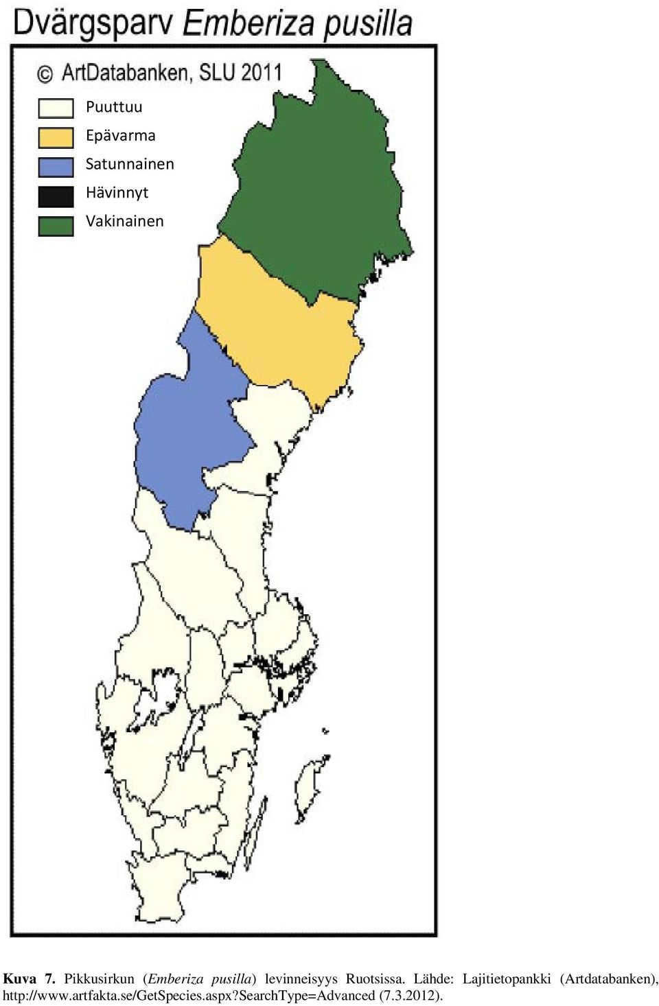 Lähde: Lajitietopankki (Artdatabanken), http://www.