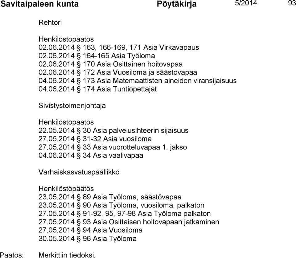 05.2014 33 Asia vuorotteluvapaa 1. jakso 04.06.2014 34 Asia vaalivapaa Varhaiskasvatuspäällikkö Henkilöstöpäätös 23.05.2014 89 Asia Työloma, säästövapaa 23.05.2014 90 Asia Työloma, vuosiloma, palkaton 27.