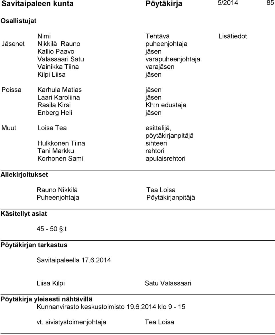 Hulkkonen Tiina sihteeri Tani Markku rehtori Korhonen Sami apulaisrehtori Allekirjoitukset Rauno Nikkilä Puheenjohtaja Tea Loisa Pöytäkirjanpitäjä Käsitellyt asiat 45-50 :t