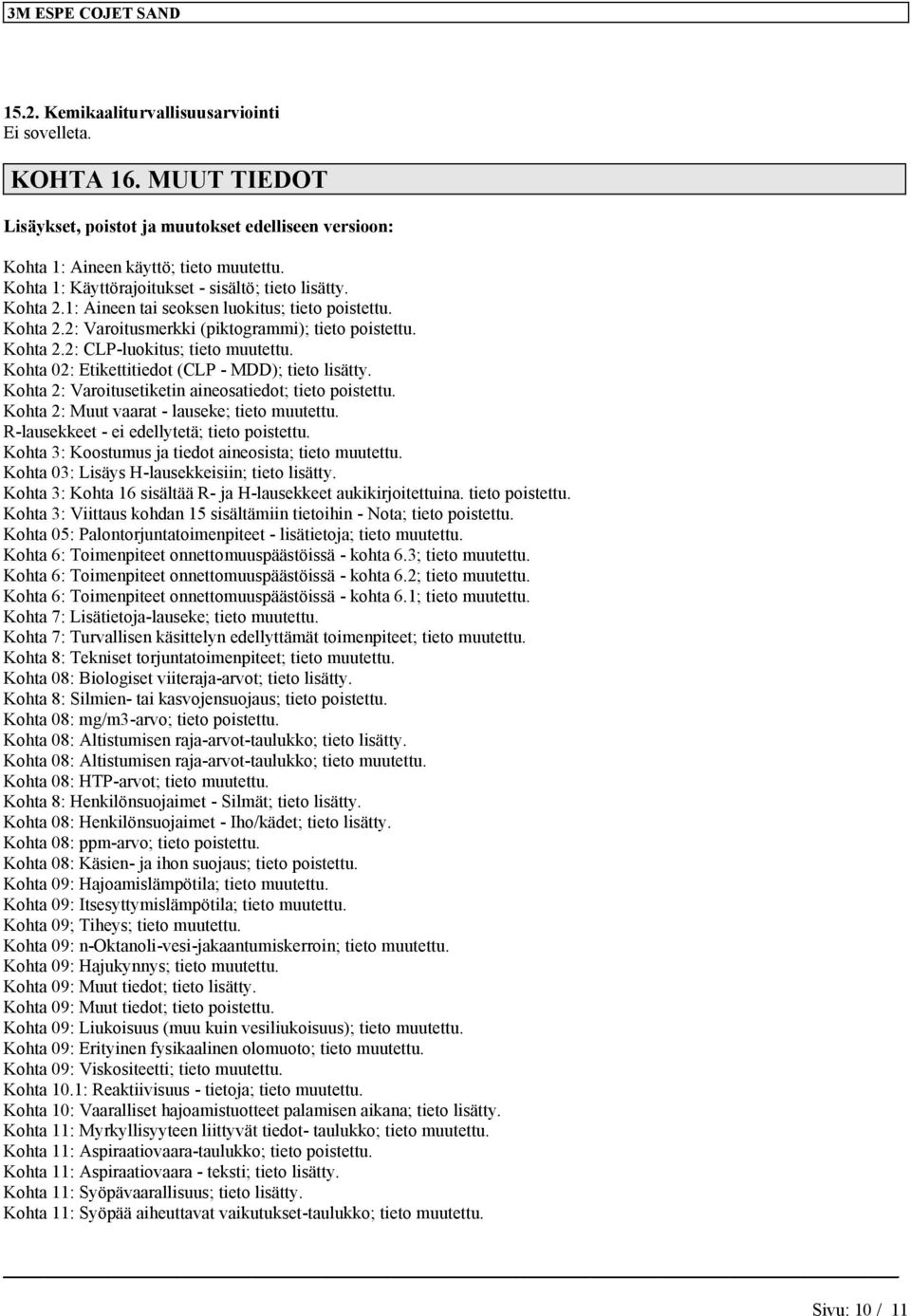 Kohta 02: Etikettitiedot (CLP - MDD); tieto lisätty. Kohta 2: Varoitusetiketin aineosatiedot; tieto poistettu. Kohta 2: Muut vaarat - lauseke; tieto muutettu.