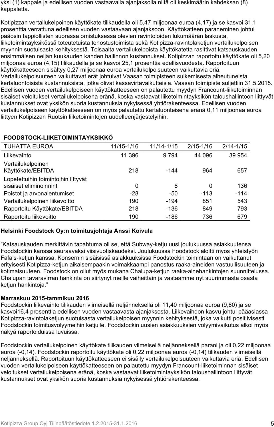 Käyttökatteen paraneminen johtui pääosin tappiollisten suorassa omistuksessa olevien ravintoloiden lukumäärän laskusta, liiketoimintayksikössä toteutetuista tehostustoimista sekä