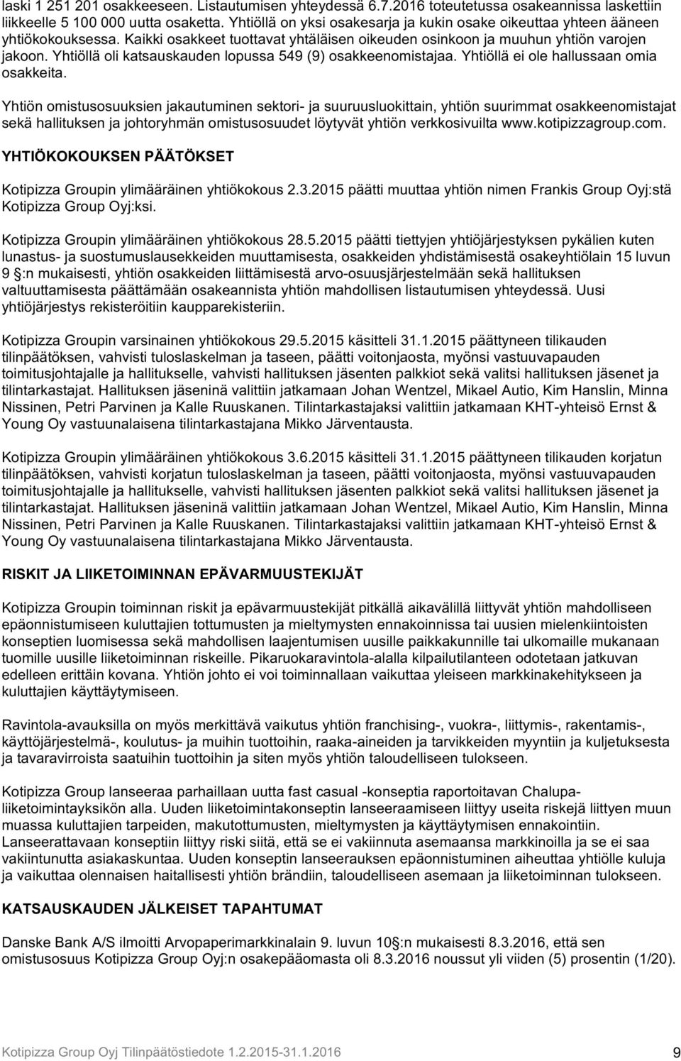 Yhtiöllä oli katsauskauden lopussa 549 (9) osakkeenomistajaa. Yhtiöllä ei ole hallussaan omia osakkeita.