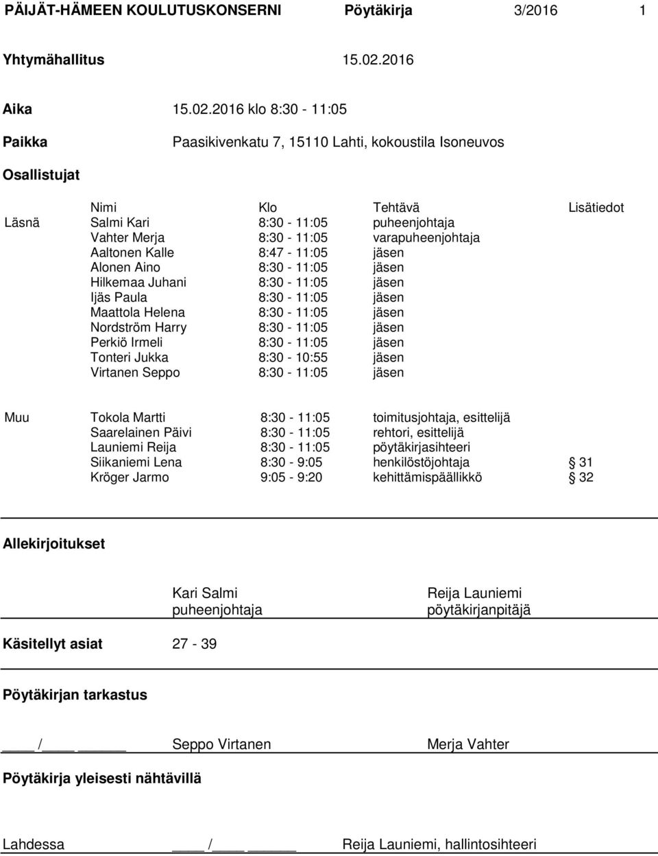 2016 klo 8:30-11:05 Paikka Paasikivenkatu 7, 15110 Lahti, kokoustila Isoneuvos Osallistujat Nimi Klo Tehtävä Lisätiedot Läsnä Salmi Kari 8:30-11:05 puheenjohtaja Vahter Merja 8:30-11:05