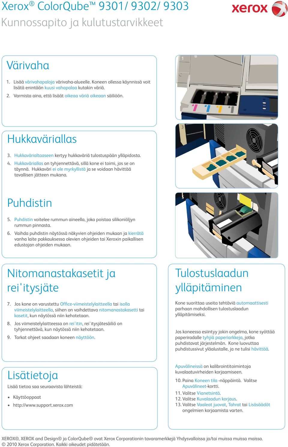 . Hukkaväriallas on tyhjennettävä, sillä kone ei toimi, jos se on täynnä. Hukkaväri ei ole myrkyllistä ja se voidaan hävittää tavallisen jätteen mukana. Puhdistin.