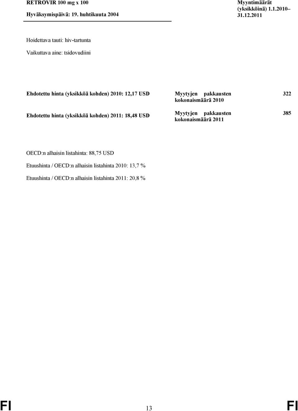 Ehdotettu hinta (yksikköä kohden) 2011: 18,48 USD kokonaismäärä 2010 kokonaismäärä 2011 322 385 OECD:n alhaisin