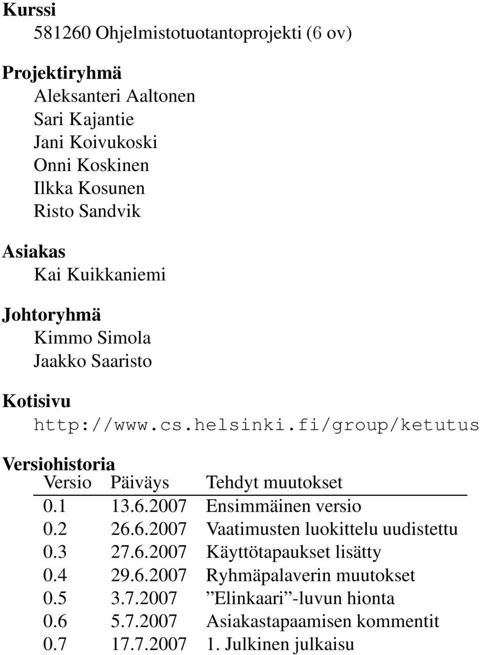 fi/group/ketutus Versiohistoria Versio Päiväys Tehdyt muutokset 0.1 13.6.2007 Ensimmäinen versio 0.2 26.6.2007 Vaatimusten luokittelu uudistettu 0.