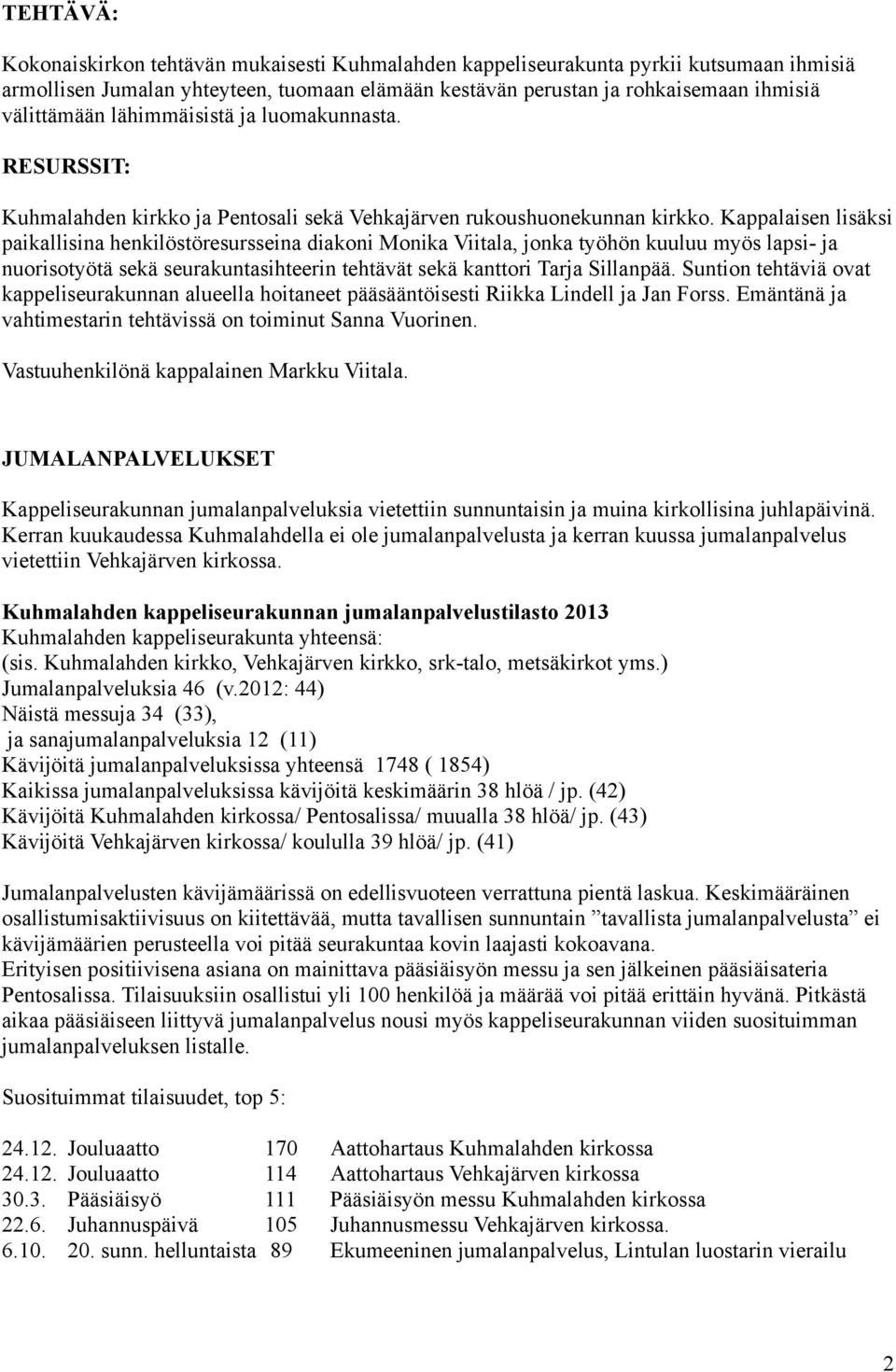 Kappalaisen lisäksi paikallisina henkilöstöresursseina diakoni Monika Viitala, jonka työhön kuuluu myös lapsi- ja nuorisotyötä sekä seurakuntasihteerin tehtävät sekä kanttori Tarja Sillanpää.