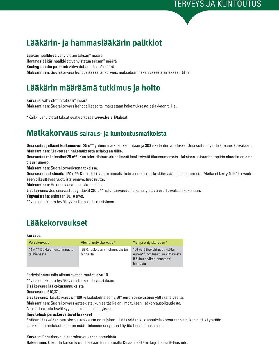 Lääkärin määräämä tutkimus ja hoito Korvaus: vahvistetun taksan* määrä Maksaminen: Suorakorvaus hoitopaikassa tai maksetaan hakemuksesta asiakkaan tilille.