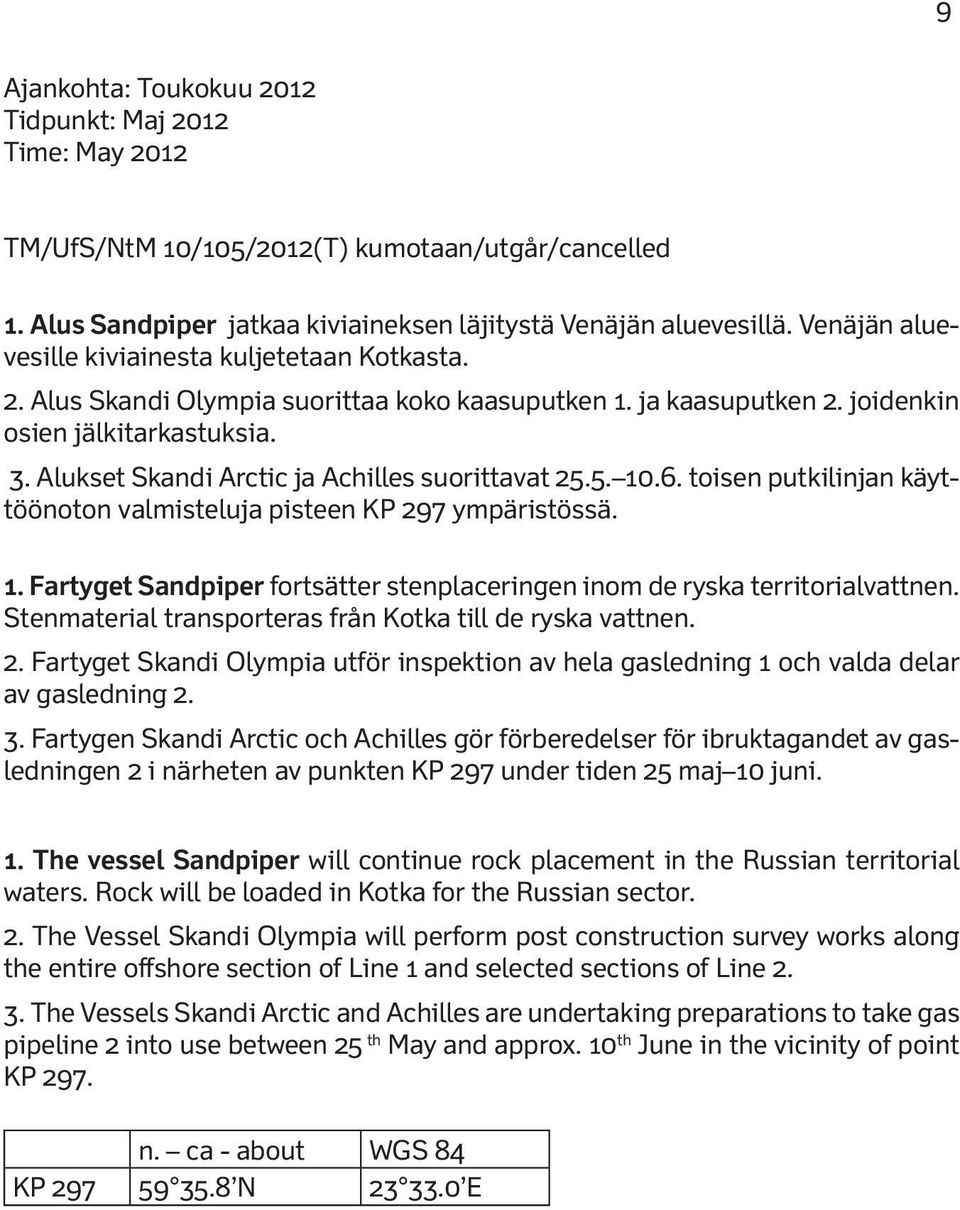 Alukset Skandi Arctic ja Achilles suorittavat 25.5. 10.6. toisen putkilinjan käyttöönoton valmisteluja pisteen KP 297 ympäristössä. 1. Fartyget Sandpiper fortsätter stenplaceringen inom de ryska territorialvattnen.