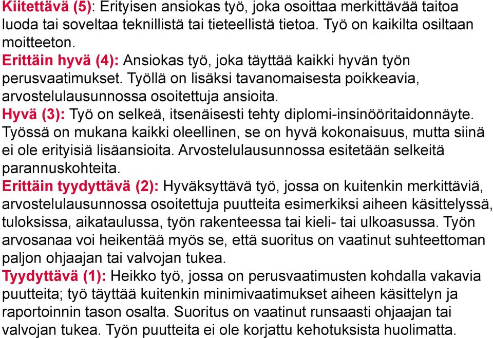 Hyvä (3): Työ on selkeä, itsenäisesti tehty diplomi-insinööritaidonnäyte. Työssä on mukana kaikki oleellinen, se on hyvä kokonaisuus, mutta siinä ei ole erityisiä lisäansioita.