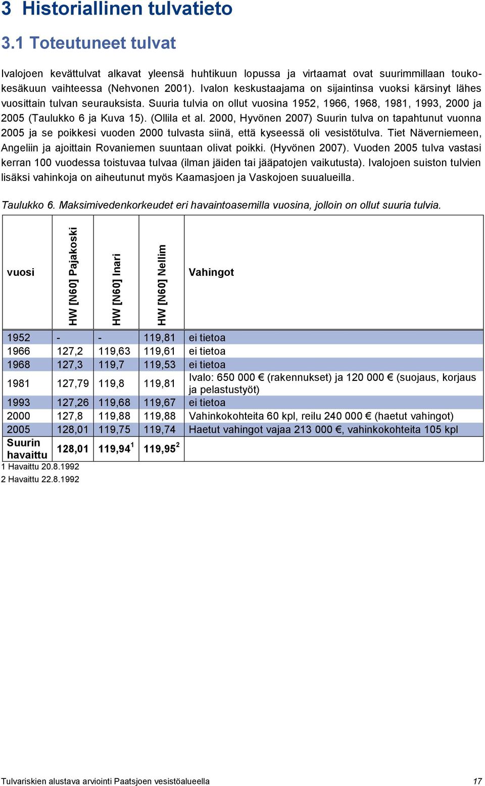 Ivalon keskustaajama on sijaintinsa vuoksi kärsinyt lähes vuosittain tulvan seurauksista. Suuria tulvia on ollut vuosina 1952, 1966, 1968, 1981, 1993, 2000 ja 2005 (Taulukko 6 ja Kuva 15).