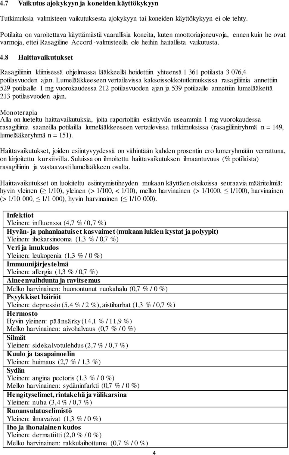 8 Haittavaikutukset Rasagiliinin kliinisessä ohjelmassa lääkkeellä hoidettiin yhteensä 1 361 potilasta 3 076,4 potilasvuoden ajan.