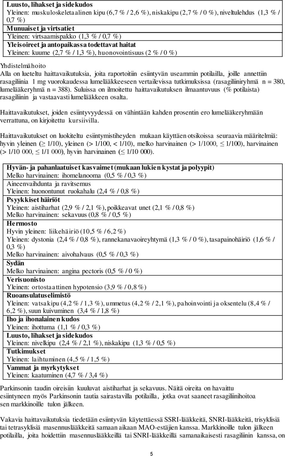 potilailla, joille annettiin rasagiliinia 1 mg vuorokaudessa lumelääkkeeseen vertailevissa tutkimuksissa (rasagiliiniryhmä n = 380, lumelääkeryhmä n = 388).