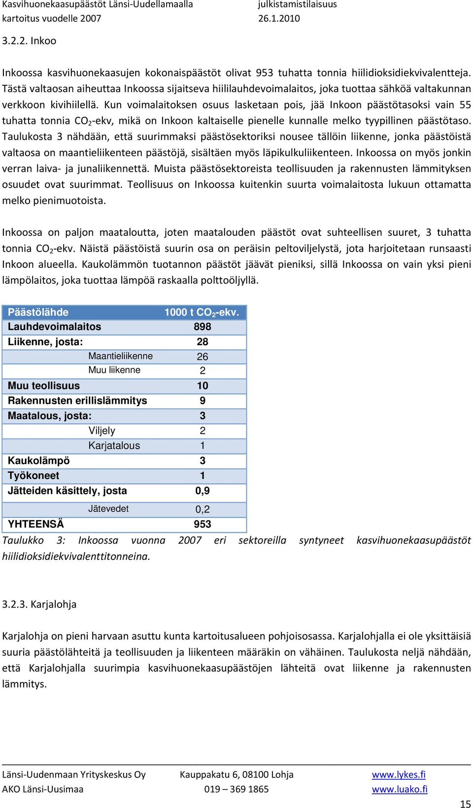 Kun voimalaitoksen osuus lasketaan pois, jää Inkoon päästötasoksi vain 55 tuhatta tonnia CO 2 ekv, mikä on Inkoon kaltaiselle pienelle kunnalle melko tyypillinen päästötaso.