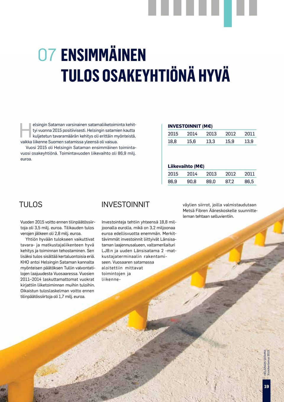 Vuosi 2015 oli Helsingin Sataman ensimmäinen toimintavuosi osakeyhtiönä. Toimintavuoden liikevaihto oli 86,9 milj. euroa.