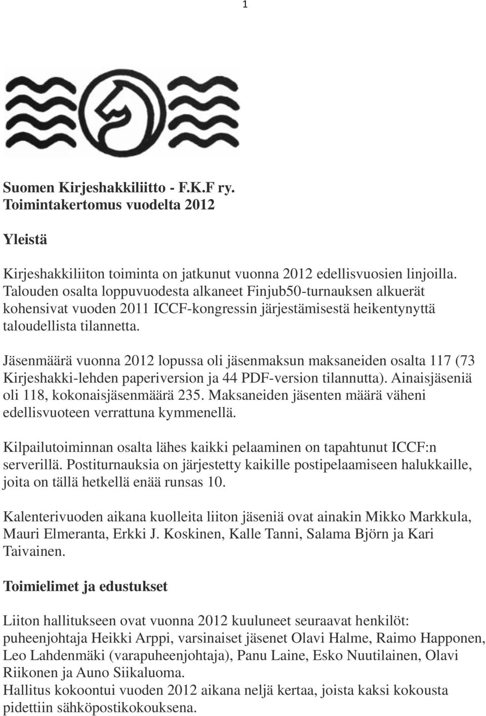 Jäsenmäärä vuonna 2012 lopussa oli jäsenmaksun maksaneiden osalta 117 (73 Kirjeshakki-lehden paperiversion ja 44 PDF-version tilannutta). Ainaisjäseniä oli 118, kokonaisjäsenmäärä 235.