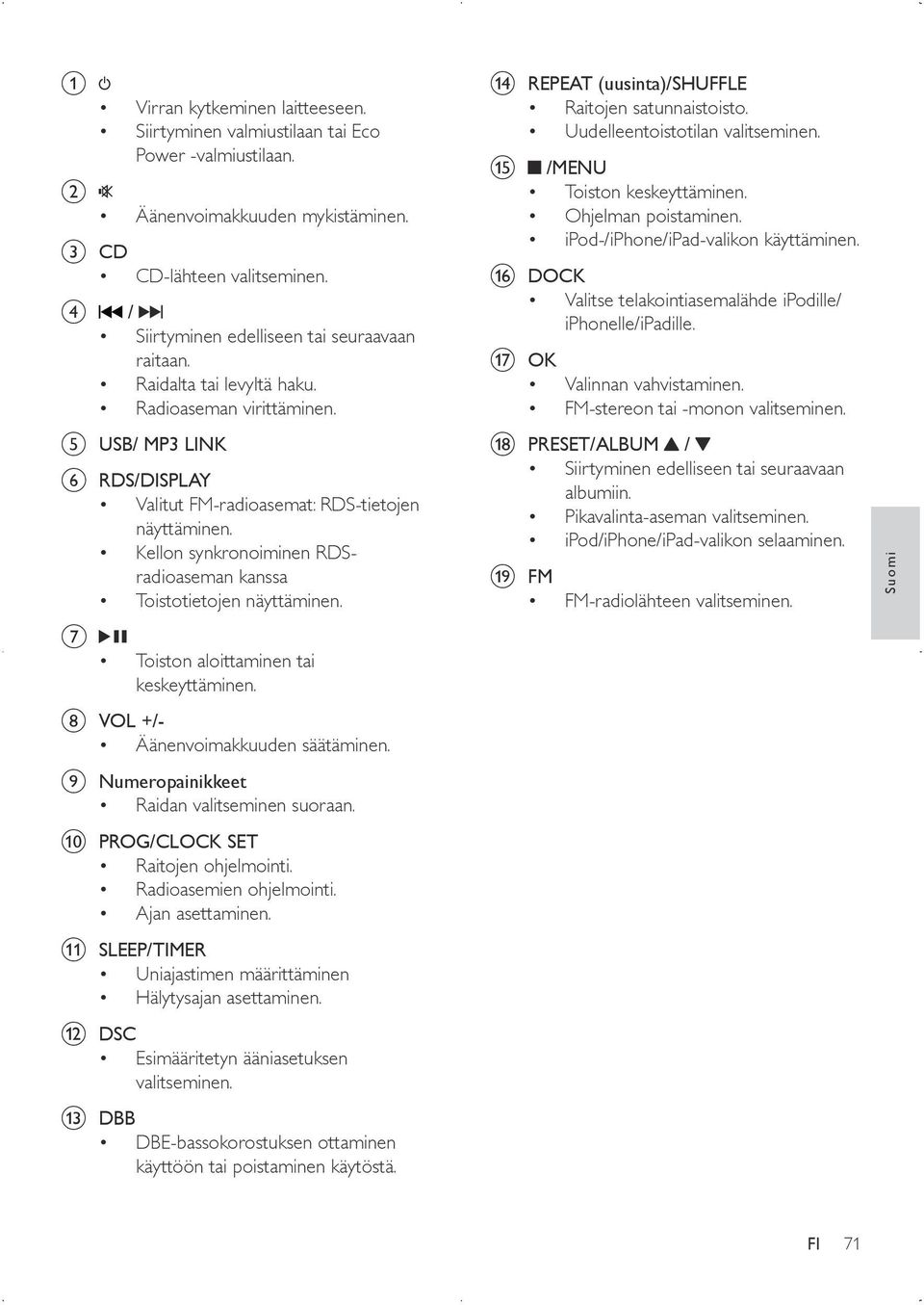 Kellon synkronoiminen RDSradioaseman kanssa Toistotietojen näyttäminen. g Toiston aloittaminen tai keskeyttäminen. h VOL +/- Äänenvoimakkuuden säätäminen.