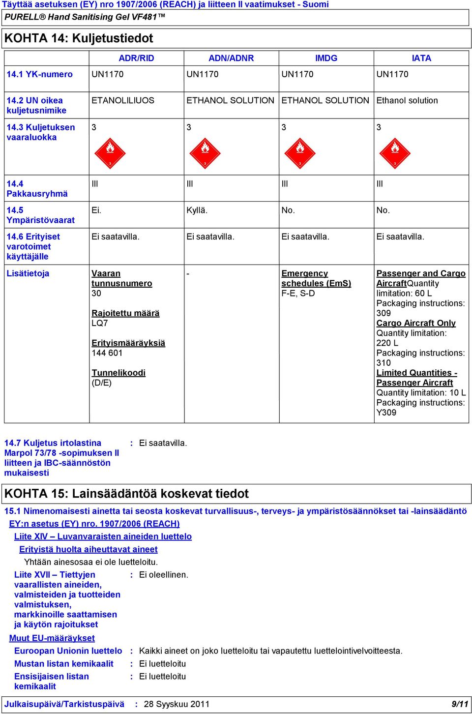 No. Lisätietoja Vaaran tunnusnumero 30 Rajoitettu määrä LQ7 Erityismääräyksiä 144 601 Tunnelikoodi (D/E) Emergency schedules (EmS) FE, SD Passenger and Cargo AircraftQuantity limitation 60 L