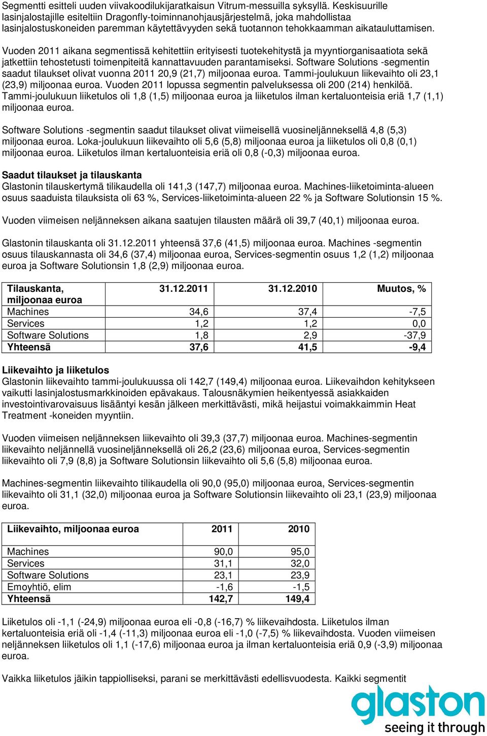 Vuoden aikana segmentissä kehitettiin erityisesti tuotekehitystä ja myyntiorganisaatiota sekä jatkettiin tehostetusti toimenpiteitä kannattavuuden parantamiseksi.