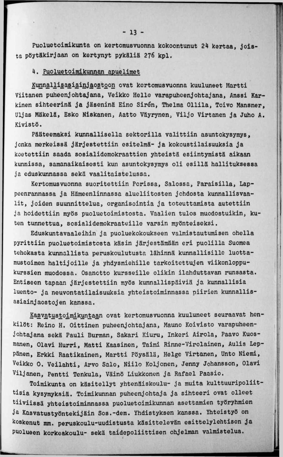 Veikko Helle varapuheenjohtajana, Anssi Kärkinen sihteerinä ja jäseninä Eino Siren, Thelma Ollila, Toivo Mansner, Uljas Mäkelä, Esko Niskanen, Aatto Väyrynen, Viljo Virtanen ja Juho A. Kivistö.