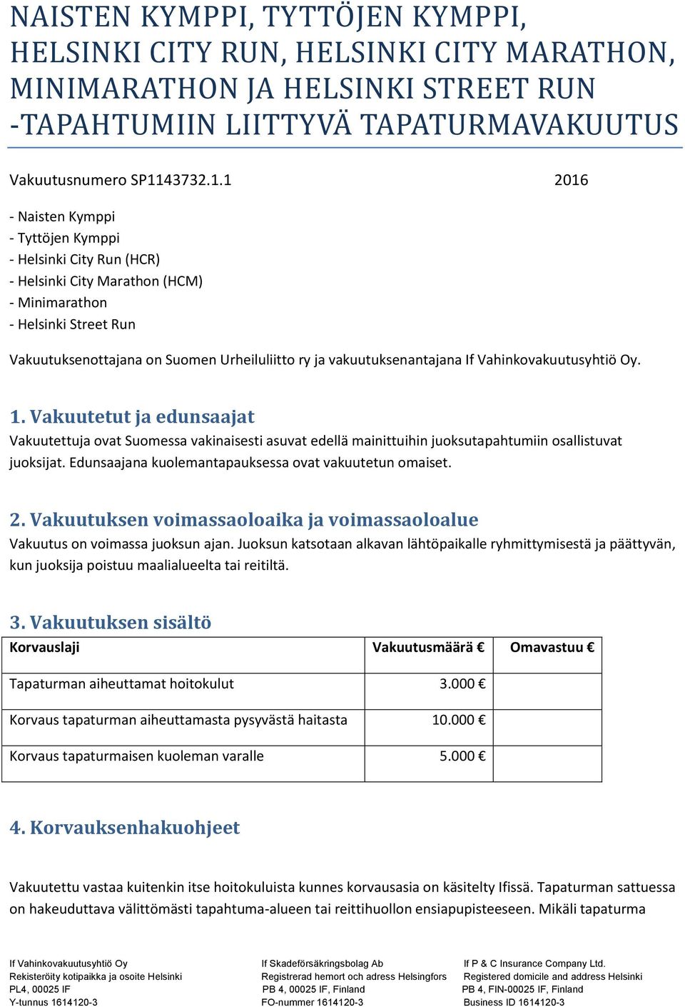 1 2016 - Naisten Kymppi - Tyttöjen Kymppi - Helsinki City Run (HCR) - Helsinki City Marathon (HCM) - Minimarathon - Helsinki Street Run Vakuutuksenottajana on Suomen Urheiluliitto ry ja