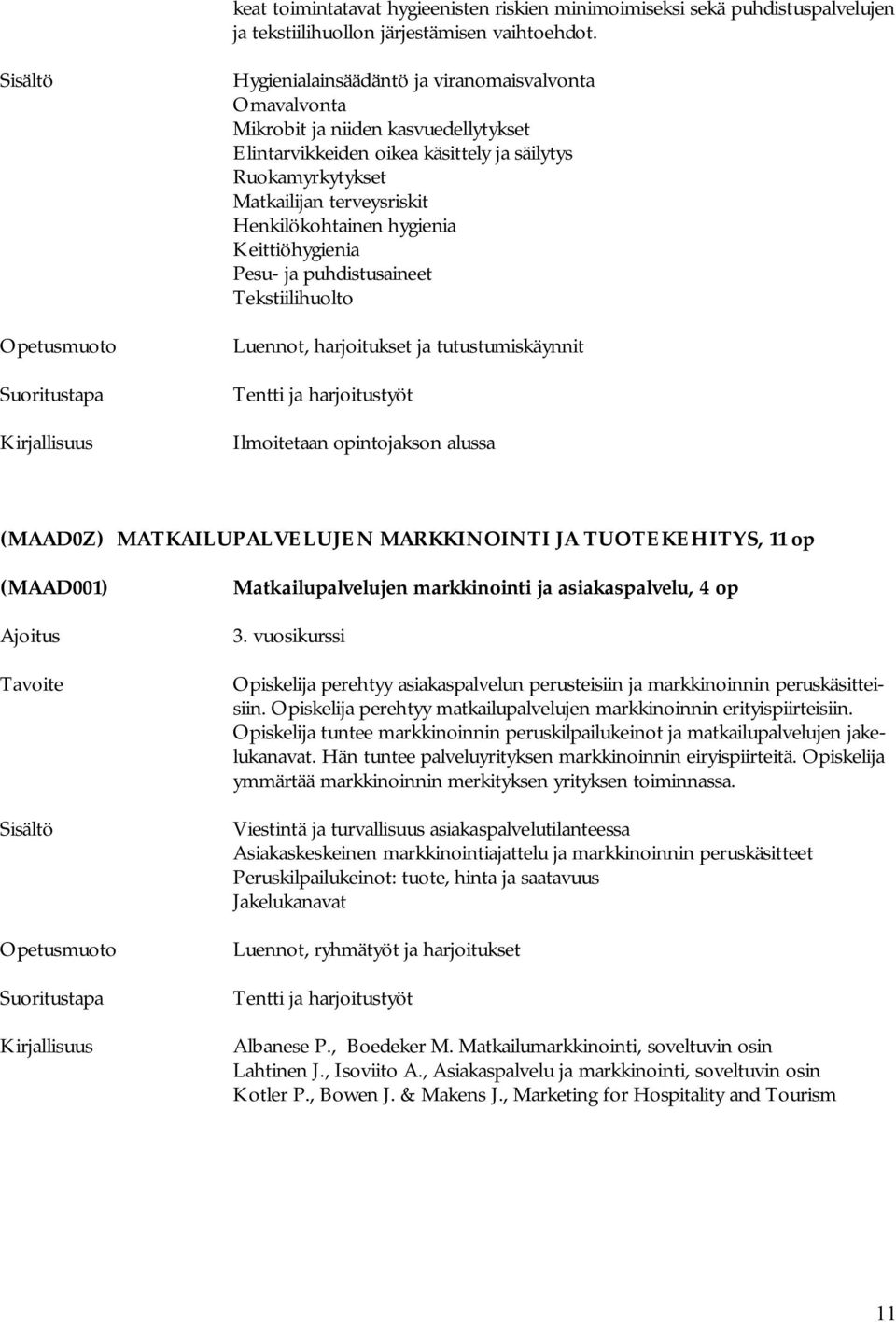 hygienia Keittiöhygienia Pesu- ja puhdistusaineet Tekstiilihuolto Luennot, harjoitukset ja tutustumiskäynnit Tentti ja harjoitustyöt Ilmoitetaan opintojakson alussa (MAAD0Z) MATKAILUPALVELUJEN