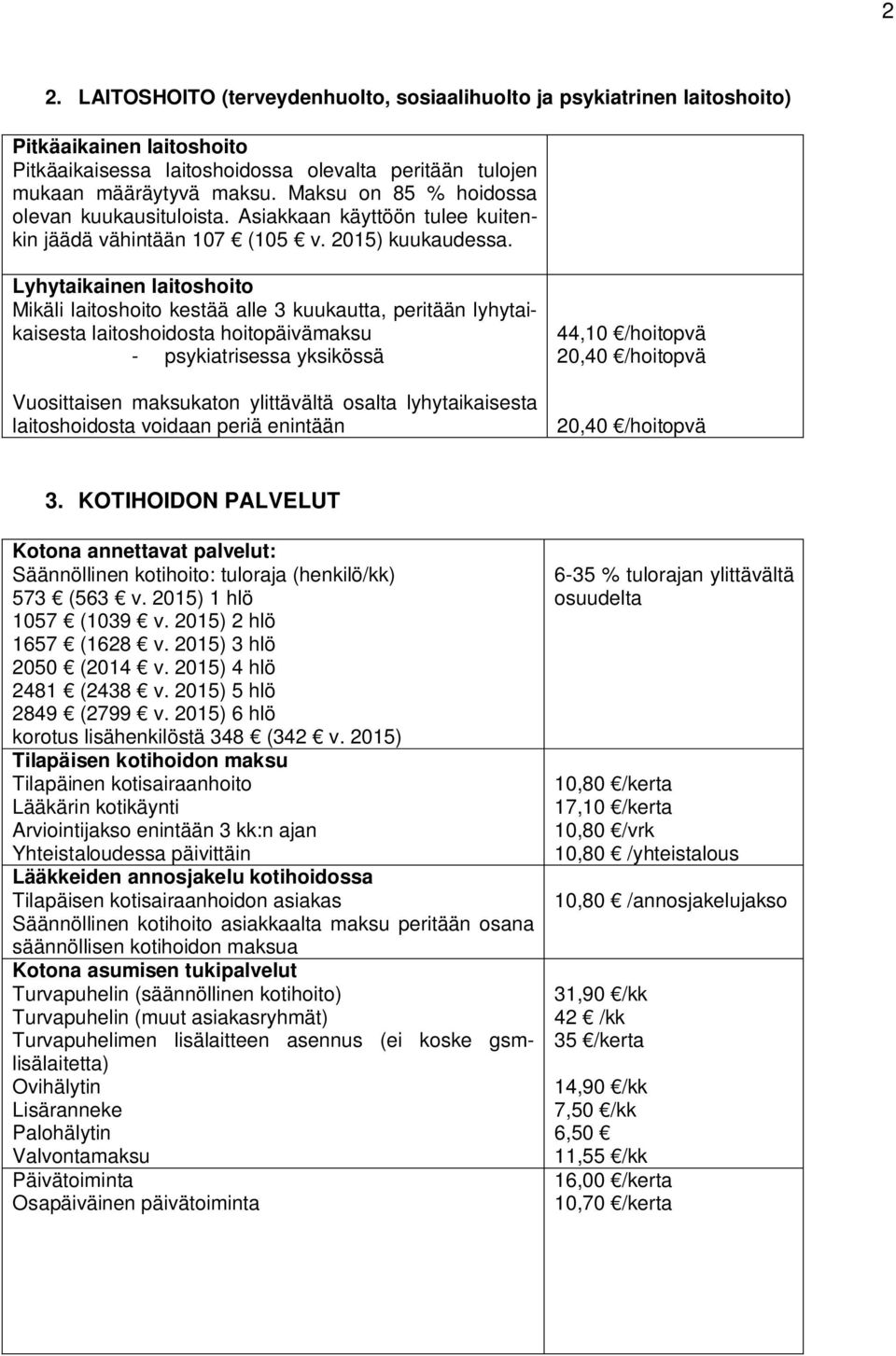 Lyhytaikainen laitoshoito Mikäli laitoshoito kestää alle 3 kuukautta, peritään lyhytaikaisesta laitoshoidosta hoitopäivämaksu - psykiatrisessa yksikössä Vuosittaisen maksukaton ylittävältä osalta