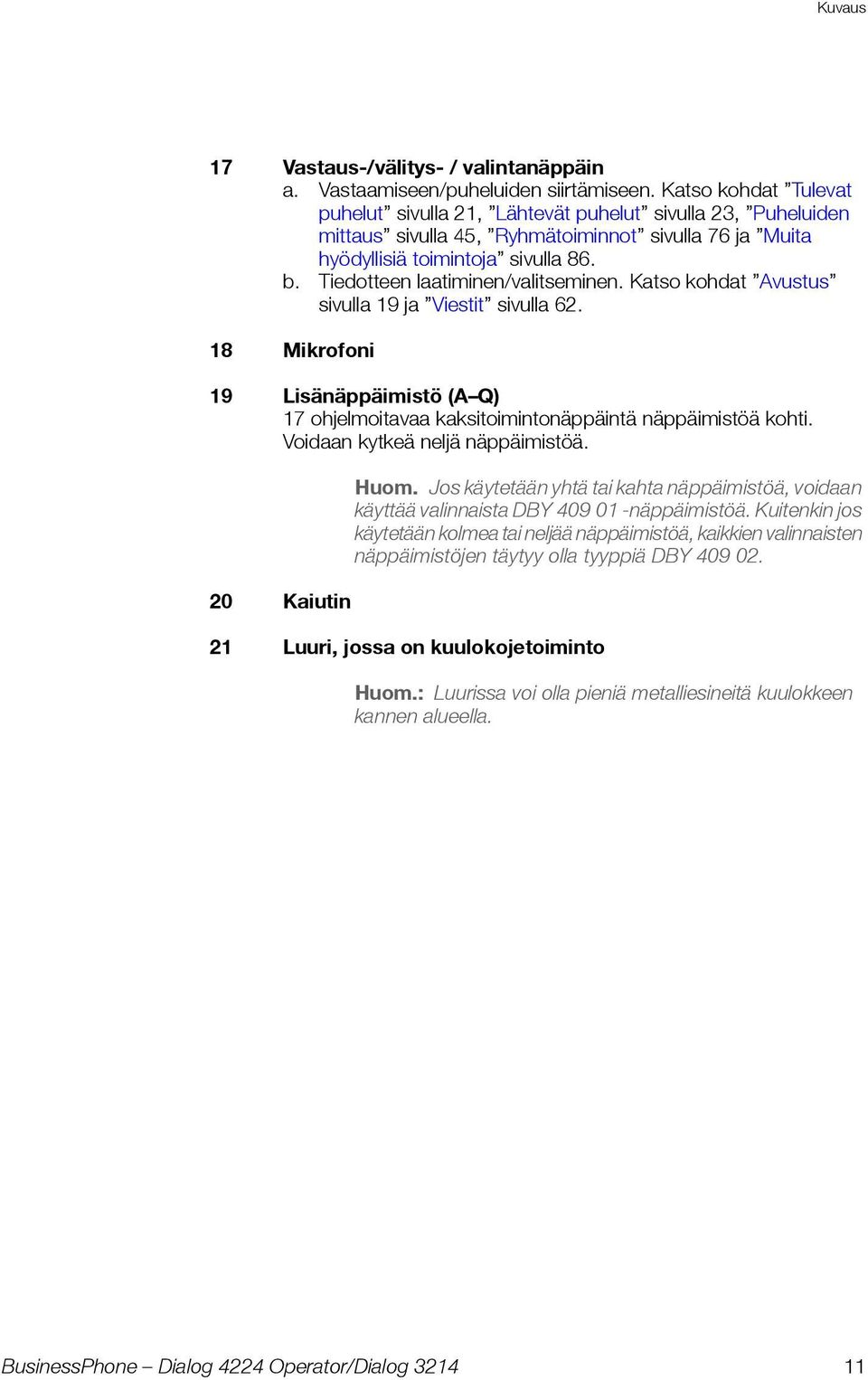 Tiedotteen laatiminen/valitseminen. Katso kohdat Avustus sivulla 19 ja Viestit sivulla 62. 18 Mikrofoni 19 Lisänäppäimistö (A Q) 17 ohjelmoitavaa kaksitoimintonäppäintä näppäimistöä kohti.