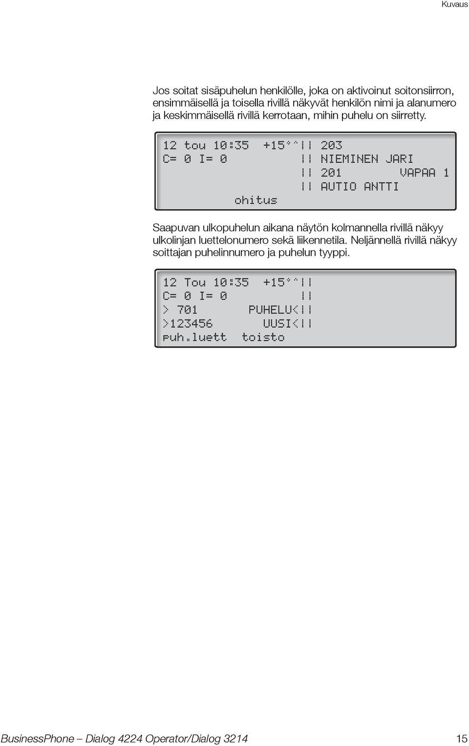 12 tou 10:35 +15 ^ 203 C= 0 I= 0 NIEMINEN JARI 201 VAPAA 1 AUTIO ANTTI ohitus Saapuvan ulkopuhelun aikana näytön kolmannella rivillä