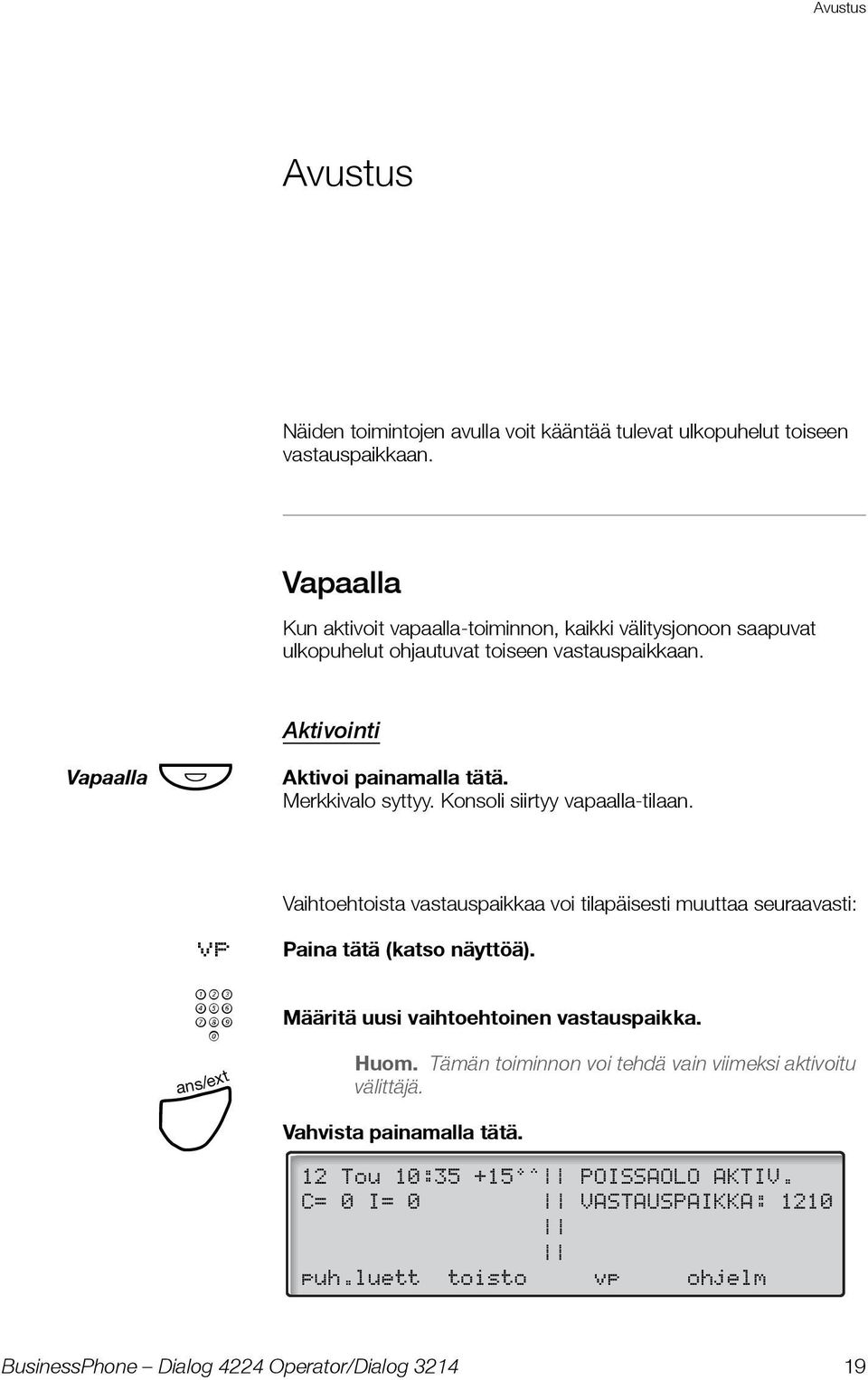 Vapaalla Ô Aktivointi Aktivoi painamalla tätä. Merkkivalo syttyy. Konsoli siirtyy vapaalla-tilaan.