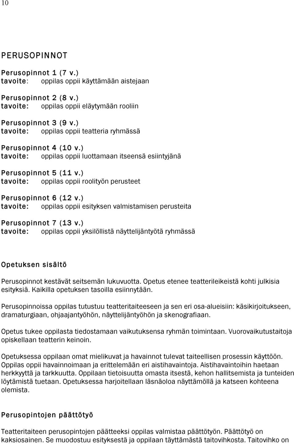 ) tavoite: oppilas oppii roolityön perusteet Perusopinnot 6 (12 v.) tavoite: oppilas oppii esityksen valmistamisen perusteita Perusopinnot 7 (13 v.