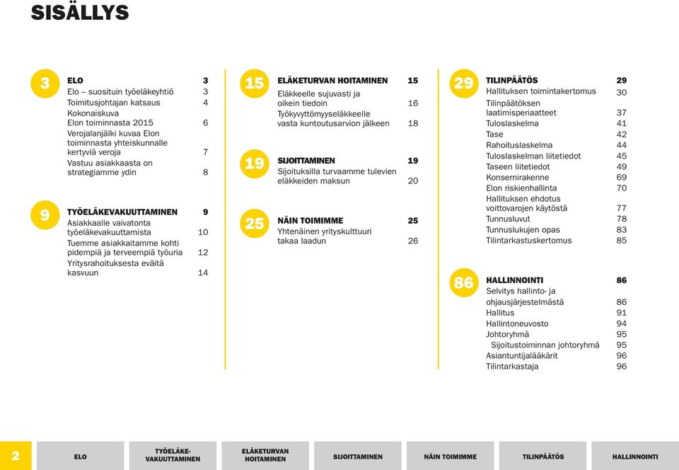 29 Eläkkeelle sujuvasti ja oikein tiedoin 16 Työkyvyttömyyseläkkeelle vasta kuntoutusarvion jälkeen 18 19 25 19 Sijoituksilla turvaamme tulevien eläkkeiden maksun 20 25 Yhtenäinen yrityskulttuuri