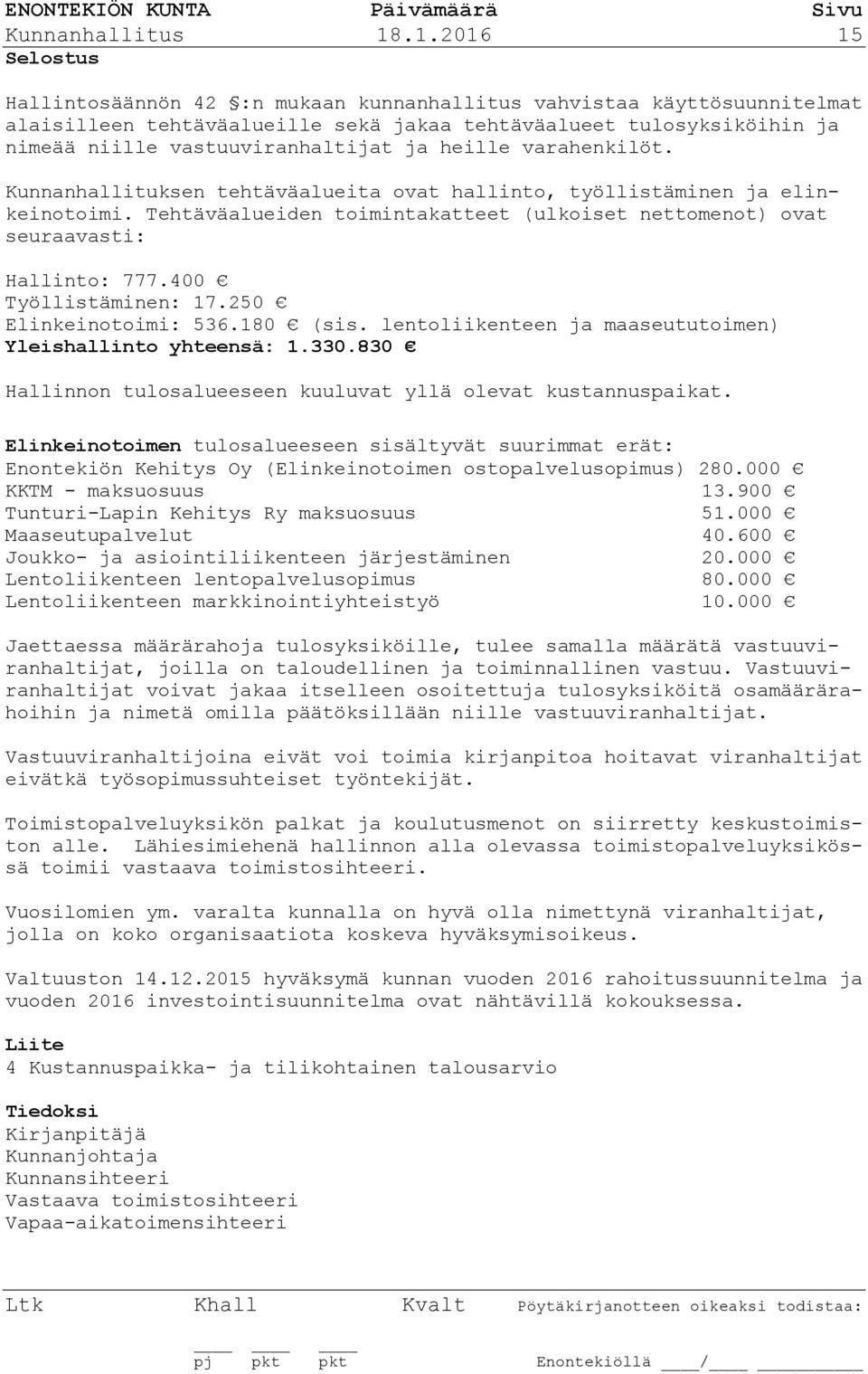 varahenkilöt. Kunnanhallituksen tehtäväalueita ovat hallinto, työllistäminen ja elinkeinotoimi. Tehtäväalueiden toimintakatteet (ulkoiset nettomenot) ovat seuraavasti: Hallinto: 777.