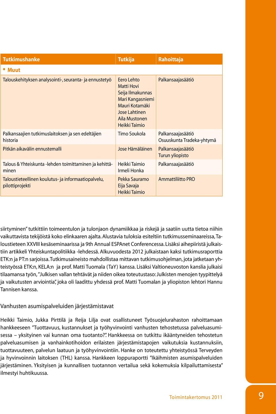 Palkansaajasäätiö Turun yliopisto Talous & Yhteiskunta -lehden toimittaminen ja kehittäminen Taloustieteellinen koulutus- ja informaatiopalvelu, pilottiprojekti Heikki Taimio Irmeli Honka Pekka