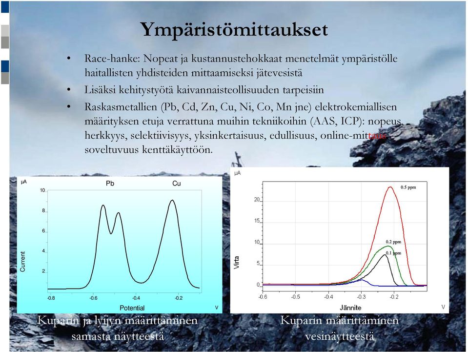 verrattuna muihin tekniikoihin (AAS, ICP): nopeus, herkkyys, selektiivisyys, yksinkertaisuus, edullisuus, online-mittaus, soveltuvuus