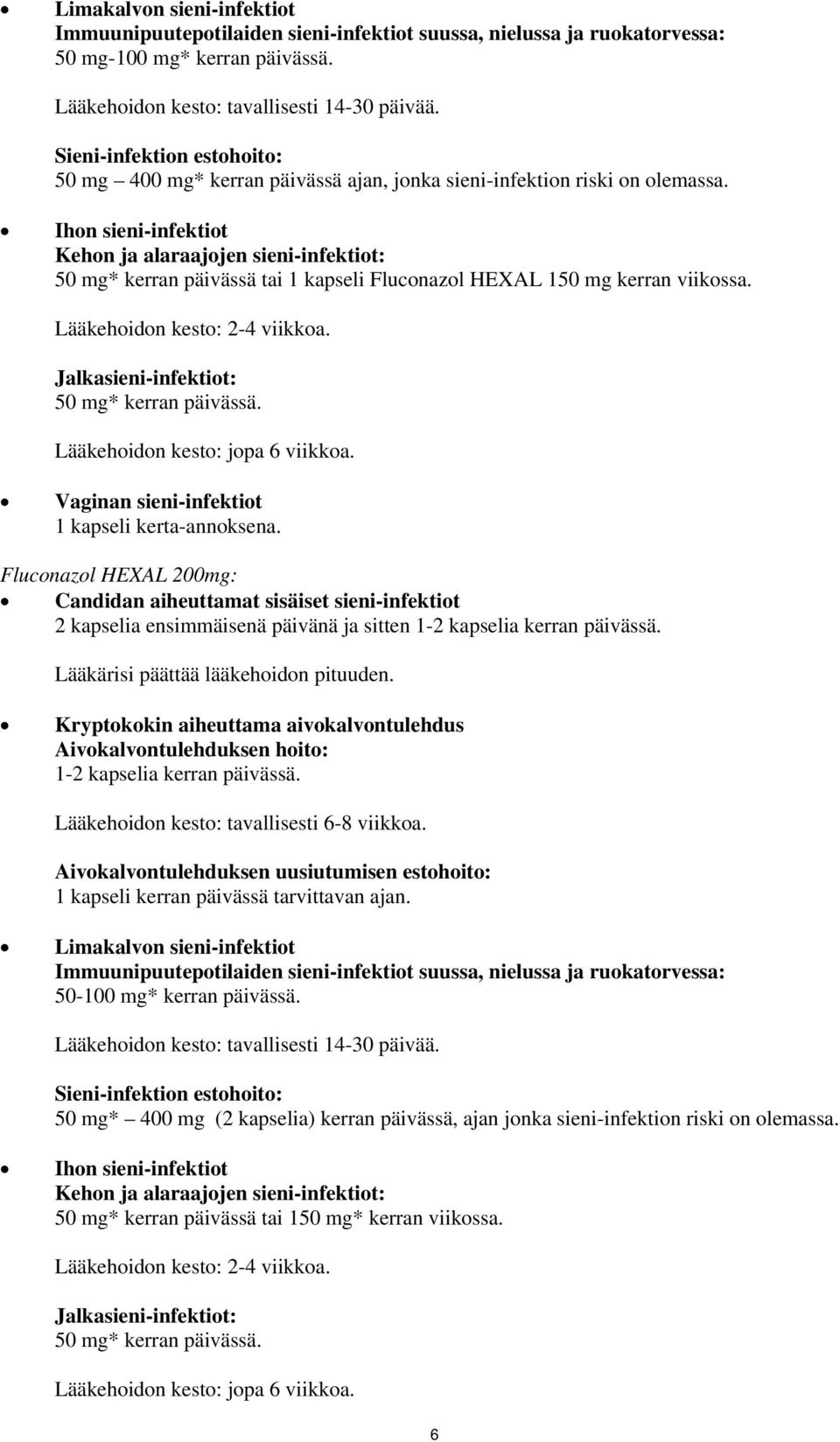 Ihon sieni-infektiot Kehon ja alaraajojen sieni-infektiot: 50 mg* kerran päivässä tai 1 kapseli Fluconazol HEXAL 150 mg kerran viikossa. Lääkehoidon kesto: 2-4 viikkoa.