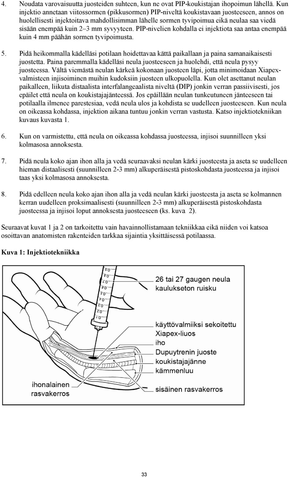 enempää kuin 2 3 mm syvyyteen. PIP-nivelien kohdalla ei injektiota saa antaa enempää kuin 4 mm päähän sormen tyvipoimusta. 5.