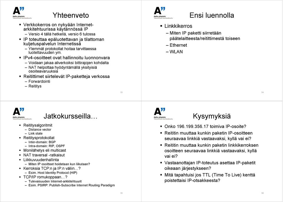 IPv4-osoitteet ovat hallinnoitu luonnonvara Voidaan jakaa aliverkoiksi bittirajojen kohdalta NAT helpottaa hyödyntämällä yksityisiä osoiteavaruuksia Reitittimet siirtelevät IP-paketteja verkossa